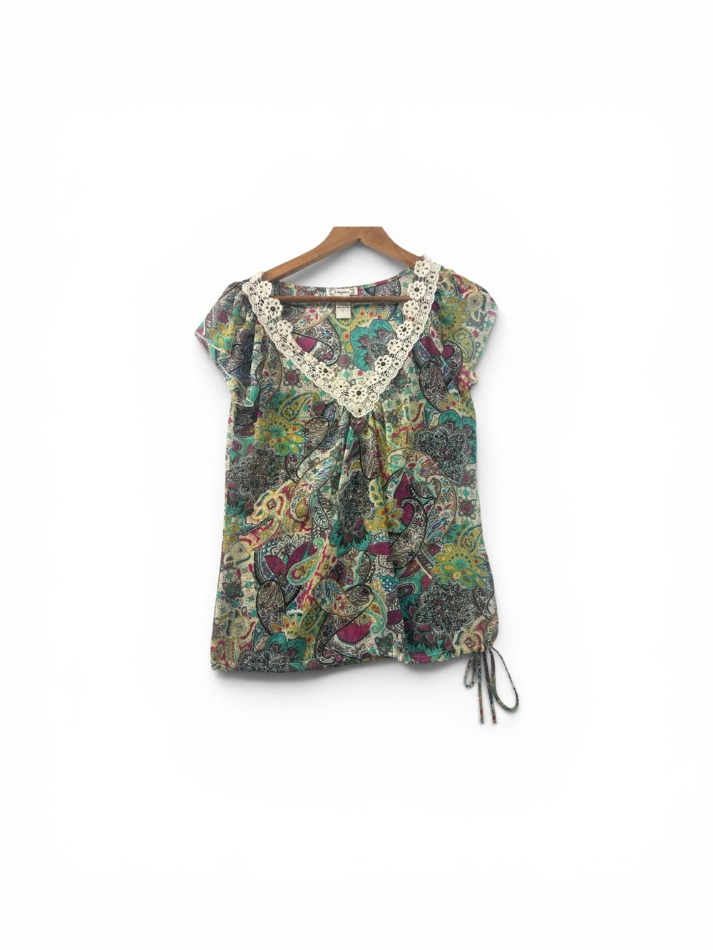 Six Degrees Top Womens Size Large Paisley Crochet Y2K 90s Shirt Tie Waist VTG